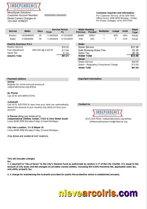 USA Missouri Independence Utilities business utility bill, version 2